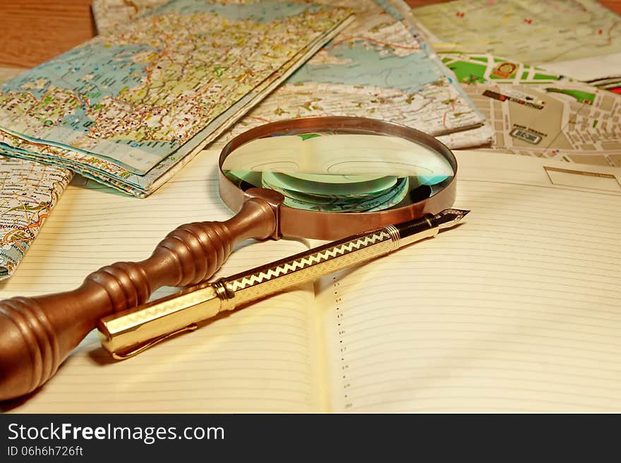 Planner, Fountain Pen and Old magnifying glass