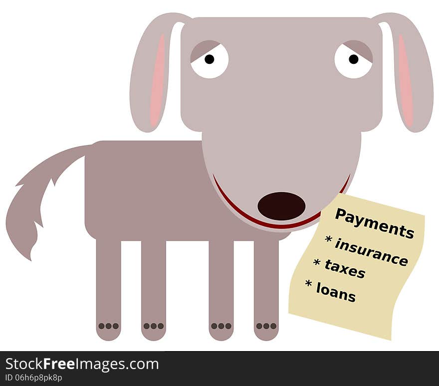 A cartoon dog carrying a paper full of payments. A cartoon dog carrying a paper full of payments