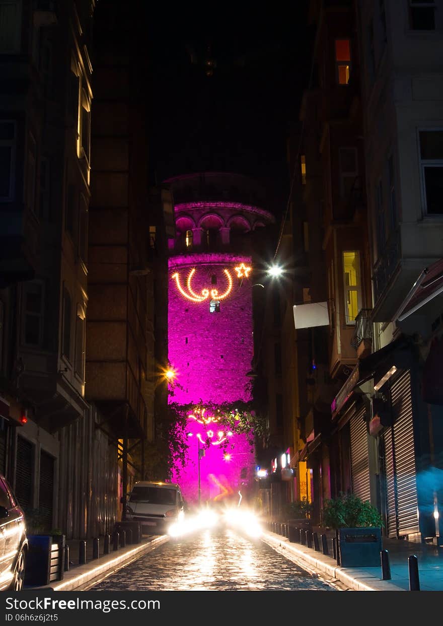 The Galata Tower at Night - Pink