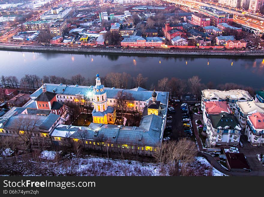 Sightseeing point onto Moscow river during sunset from a 22nd flour. Sightseeing point onto Moscow river during sunset from a 22nd flour.