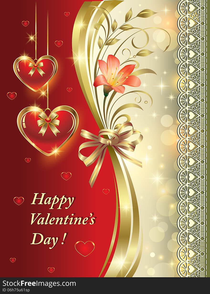 Romantic card with floral ornament and hearts on a decorative background. Romantic card with floral ornament and hearts on a decorative background