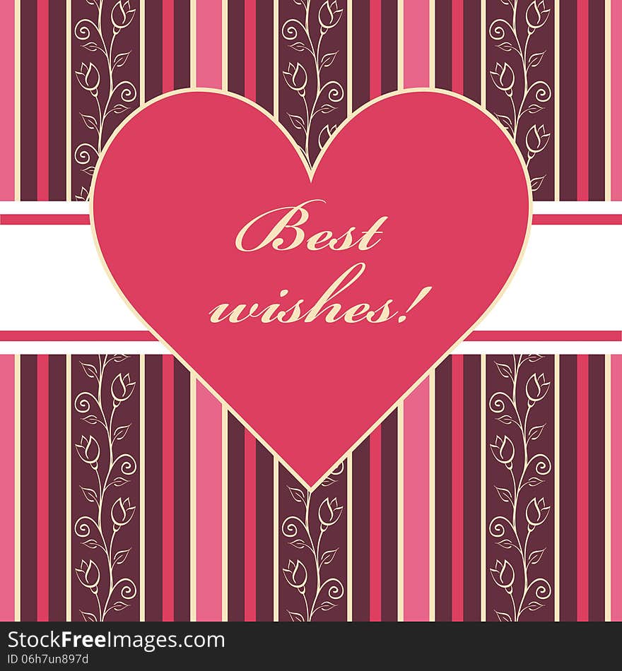 Bright pink purple greeting card with heart on romantic floral seamless pattern background. vector illustration.