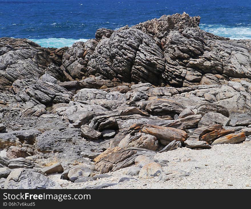 The rocks and the breakers of the Southern ocean at the south coast of Kangaroo island in Australia