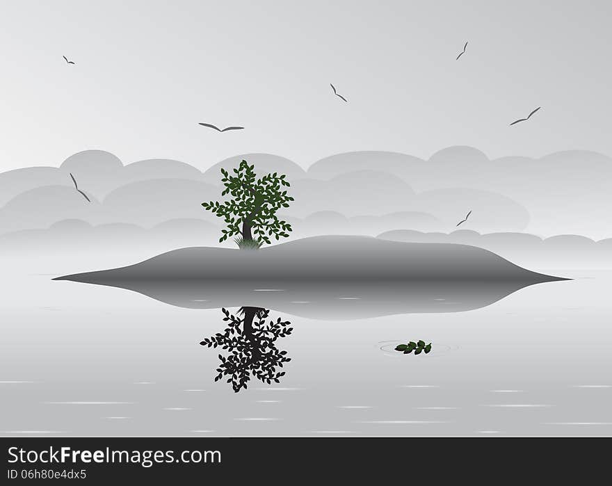 Clouds. landscape with clouds and birds, island and tree, surrounded by water and mist