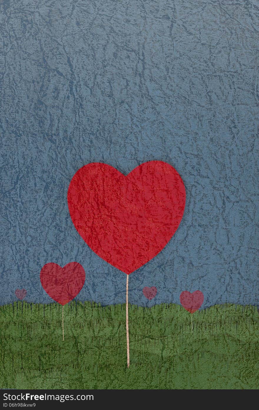 Red heart on green lawn in retro style. Red heart on green lawn in retro style