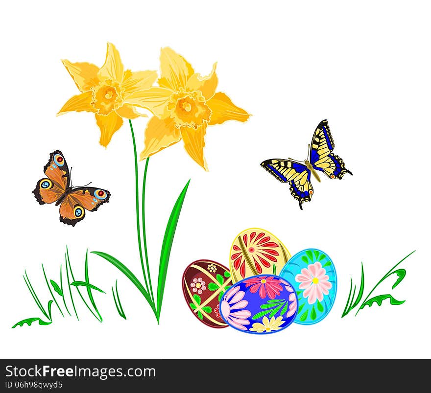 Easter egg with daffodils and butterflies vector illustracion