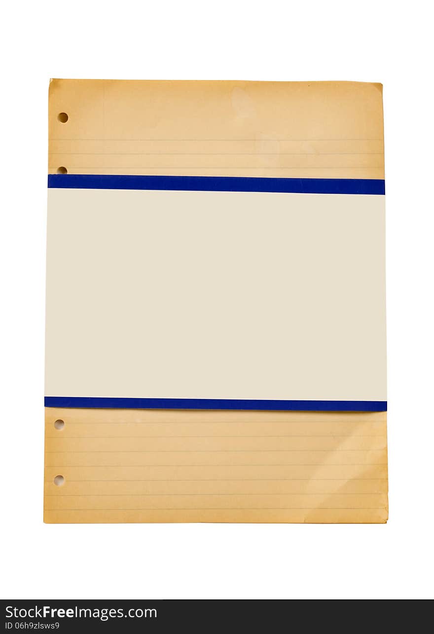 Vertical shot of vintage ruled paper with a blank label and isolated on a white background. Can be used as a background or texture. Lots of copy space. Vertical shot of vintage ruled paper with a blank label and isolated on a white background. Can be used as a background or texture. Lots of copy space.