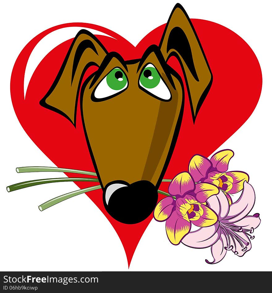 Dog with a bouquet on the background of the heart