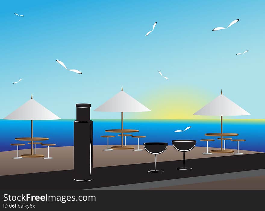 Bar. Beautiful landscape, bar on the sea overlooking the sky and birds, on a table a bottle and two glasses