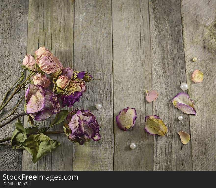 Vintage border with dried flowers, petals and pearls on wood. Vintage border with dried flowers, petals and pearls on wood