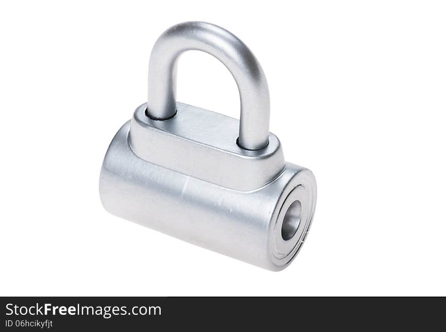 Chrome metal padlock on white