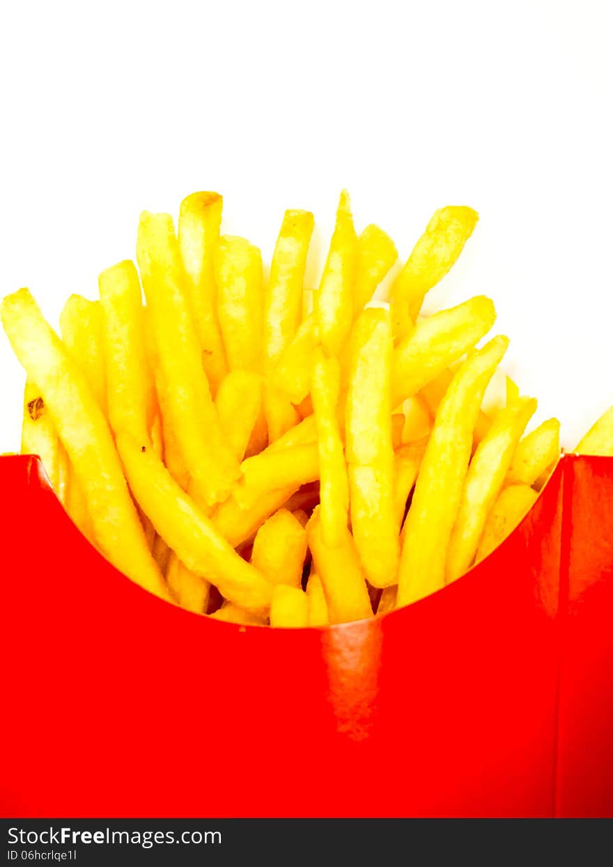 Portion of French fries in a red box