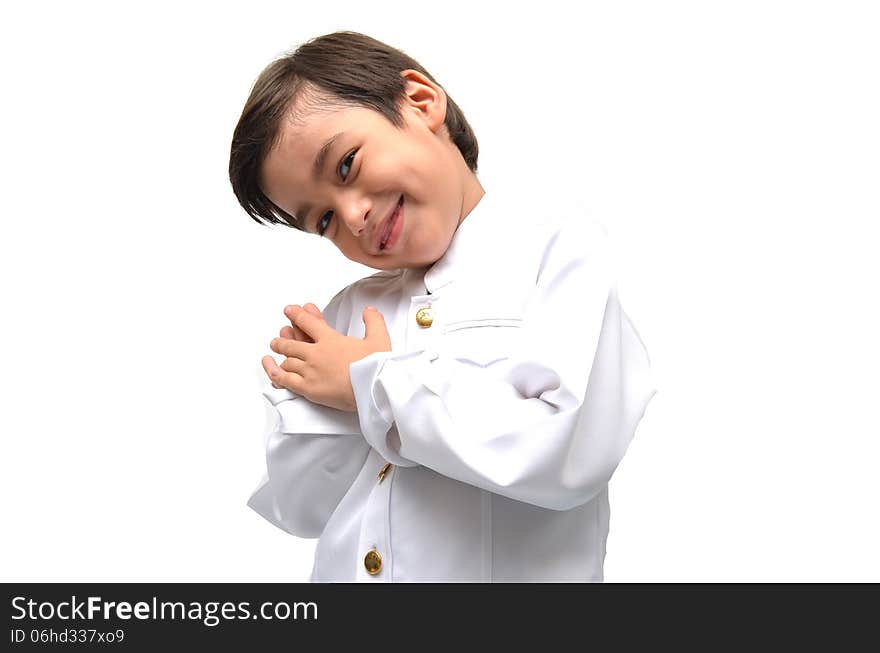 Little boy on Thai costume on white background