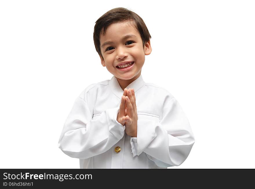 Little boy on Thai costume on white background