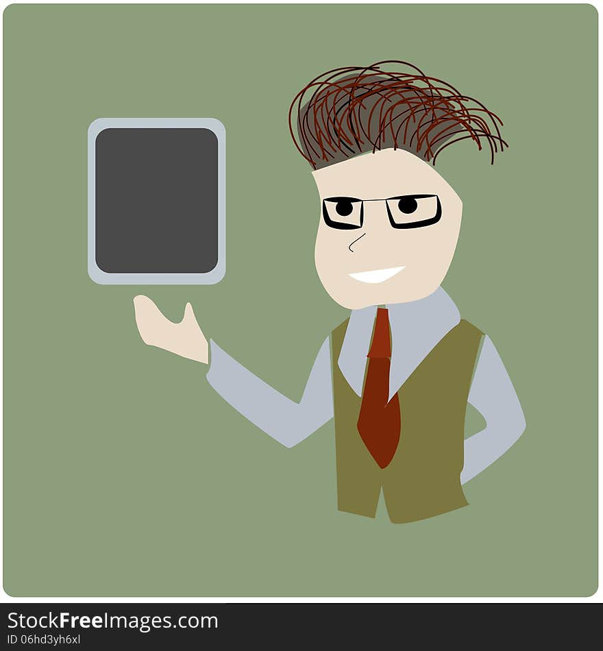 Business man presenting tablet, retro style, green background