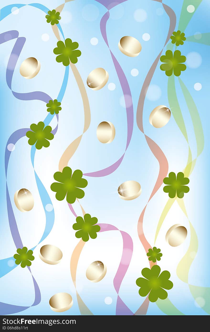 Colorful illustration of four leaf clover, shimmering gold coins and waving rainbow-banners over light-blue sky - Saint Patricks Day Background