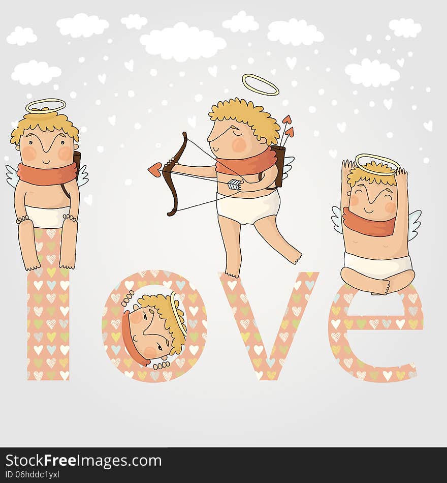 Card for valentine day with cute cupids. Card for valentine day with cute cupids