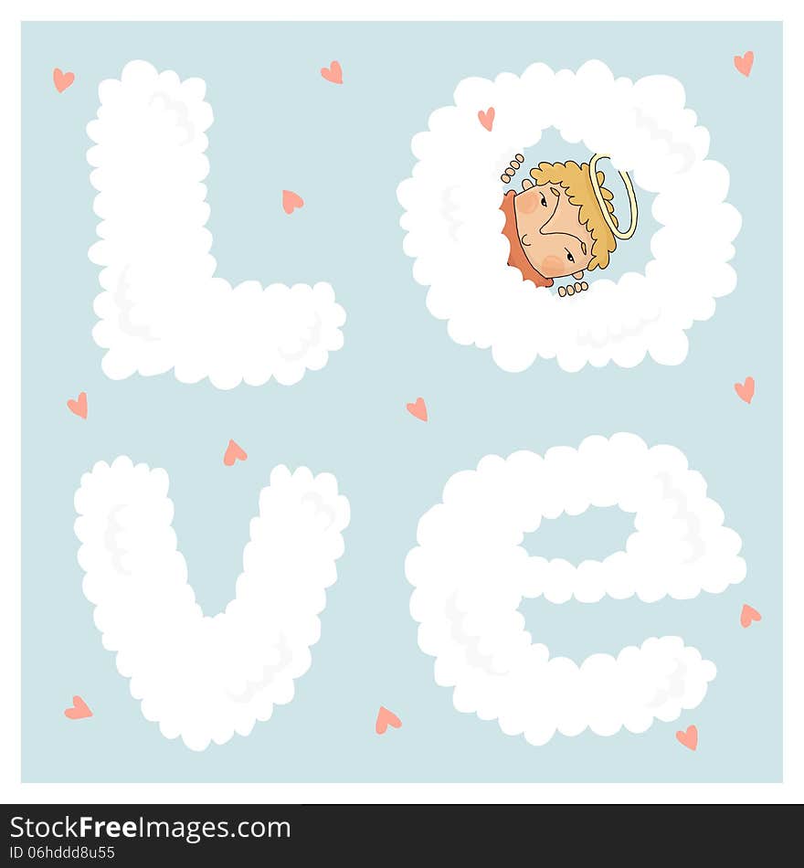 Card for valentine day with cute cupids in vector. Cupid peeking from behind the clouds. Card for valentine day with cute cupids in vector. Cupid peeking from behind the clouds