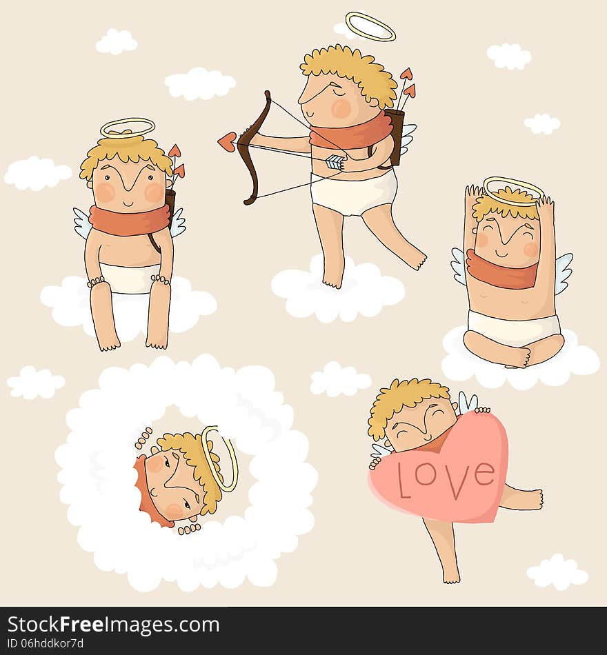 Set of cute cupids in vector. Cupid with an arrow. Cupid peeping from behind the clouds. Cupid with heart in hands