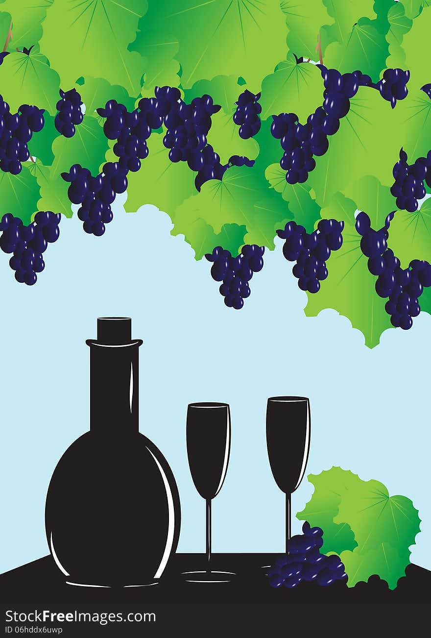 Wine. Still life, grapes clusters, the blue sky and a wine bottle with two glasses on a table.