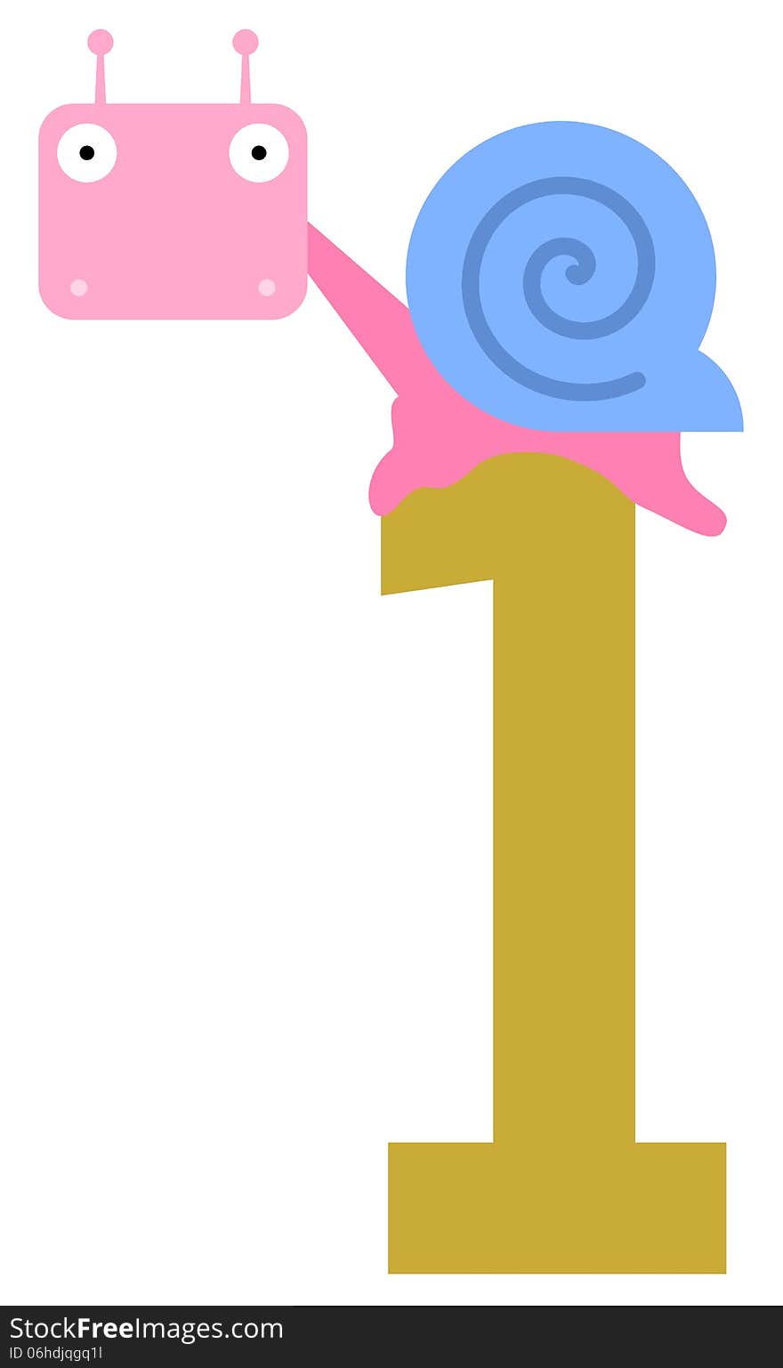 Illustration of a snail on top of the number one. Illustration of a snail on top of the number one