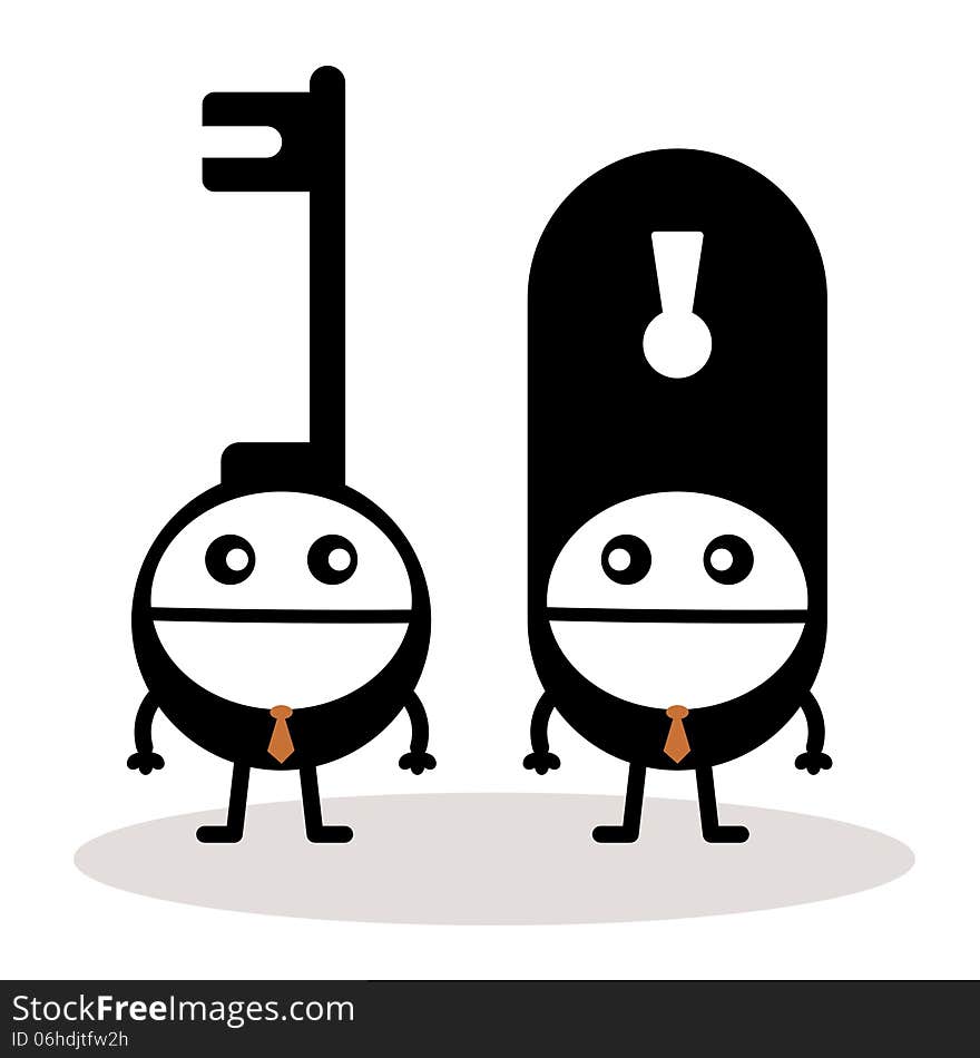 Two cartoon men with their heads shaped like a key and a key hole. Two cartoon men with their heads shaped like a key and a key hole