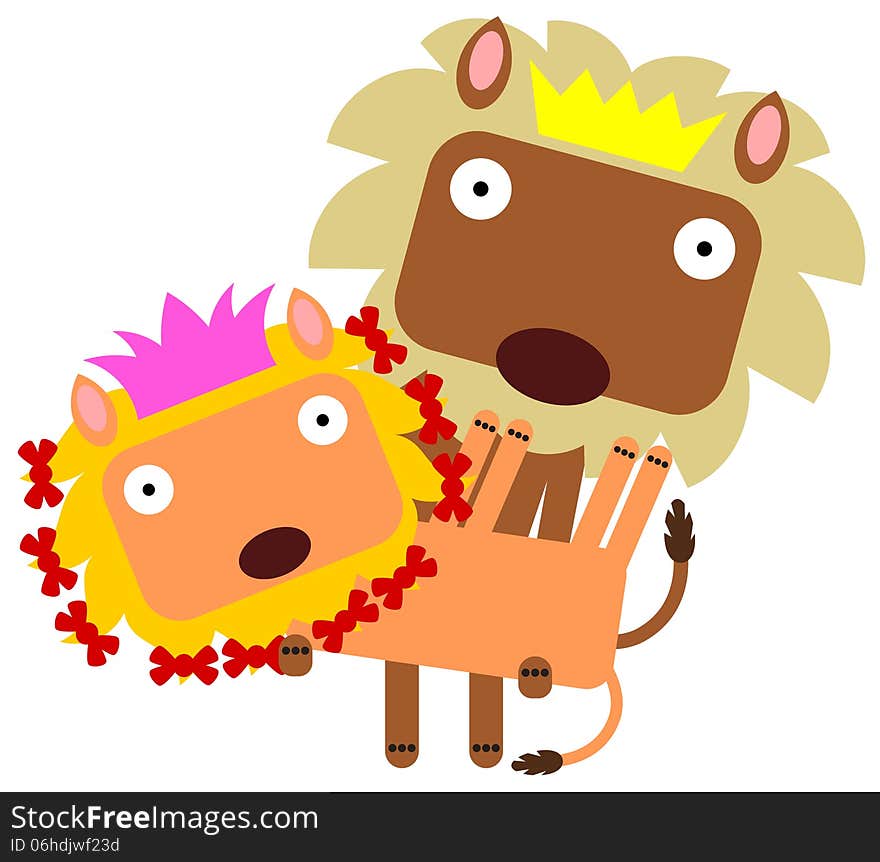 Illustration of a king lion carrying his queen. Illustration of a king lion carrying his queen