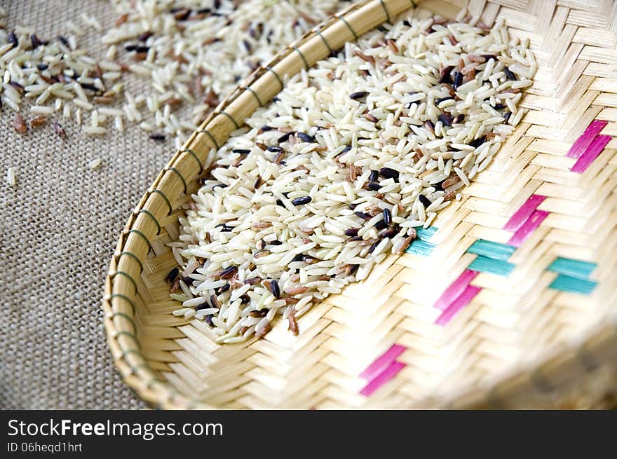 Close up raw brown rice in basket