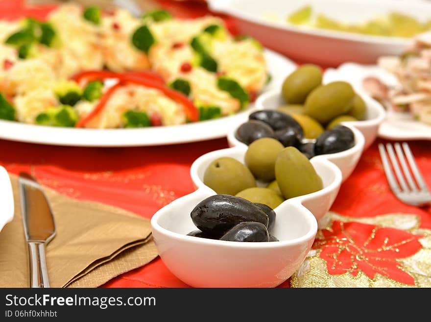 Mediterranean snacks - olives on a decorated table