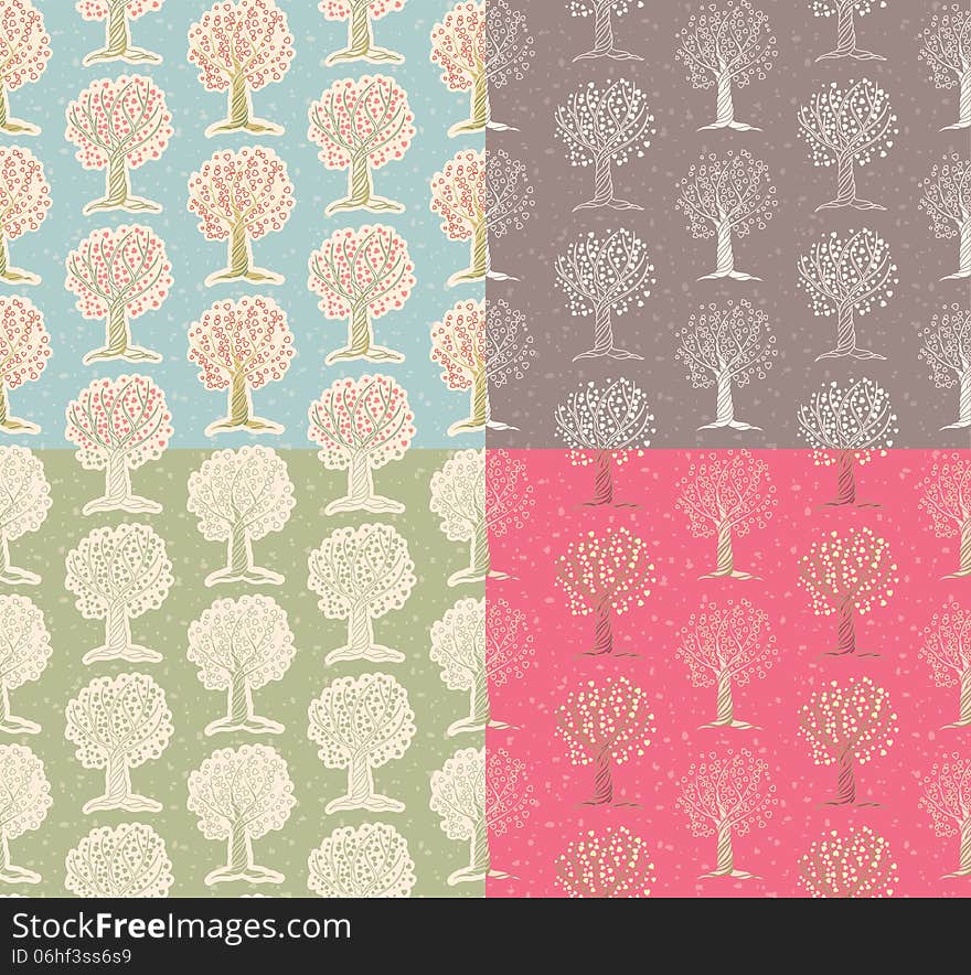 Set ot seamless pattern. Vector cartoon background with trees and hearts. Set ot seamless pattern. Vector cartoon background with trees and hearts.