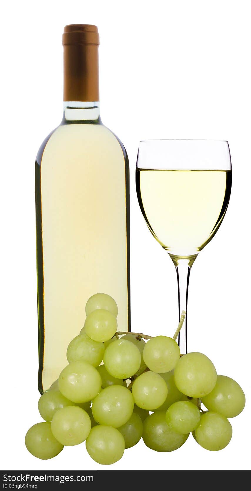 Bottle of white wine, glass and grapes on a white background. Bottle of white wine, glass and grapes on a white background