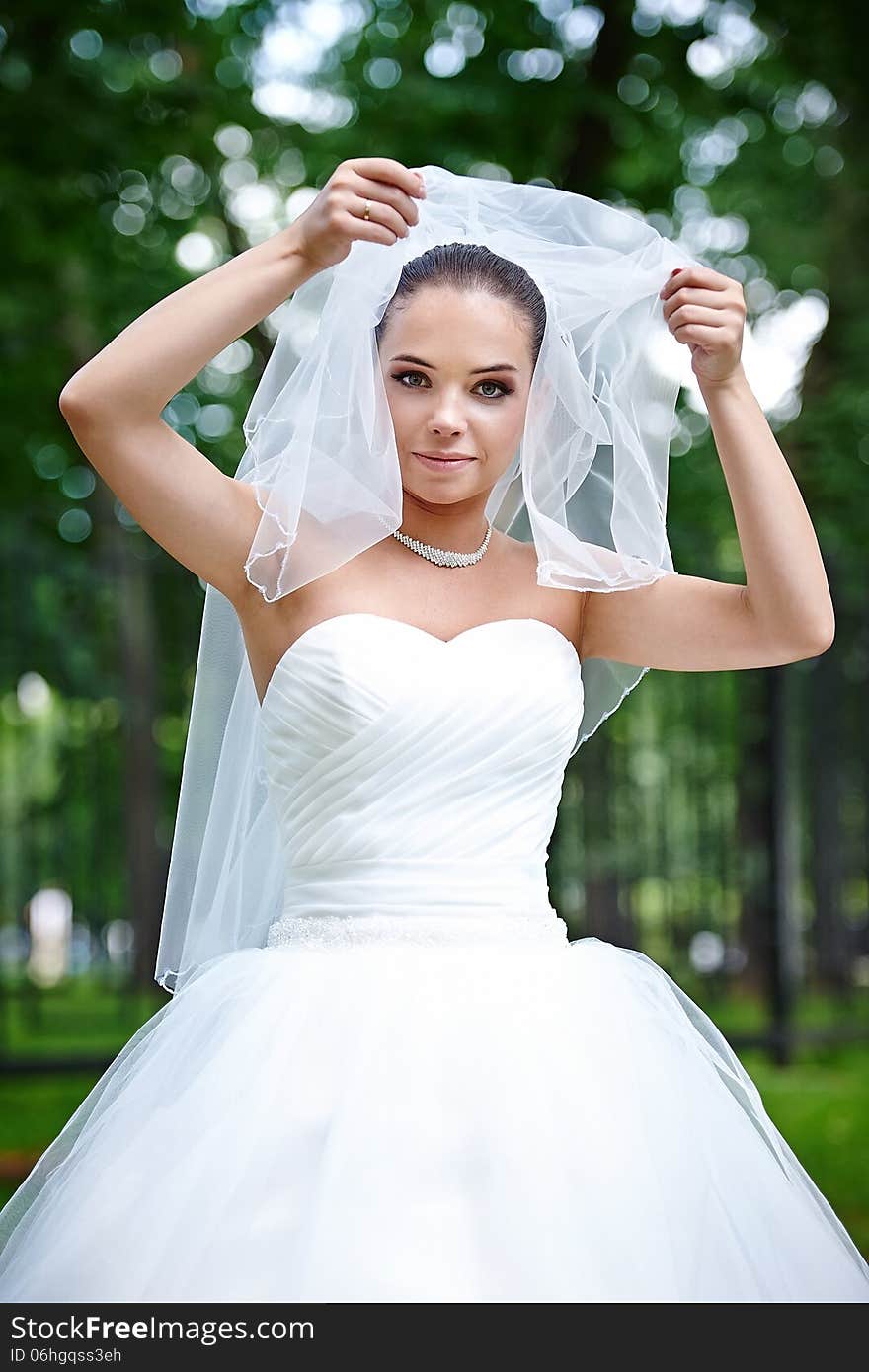 Happy bride lifts her wedding veil. Happy bride lifts her wedding veil