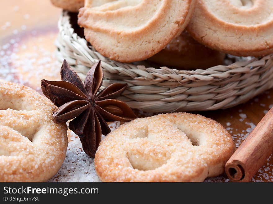 Cookies on the table and in the basket, closeup. Cookies on the table and in the basket, closeup