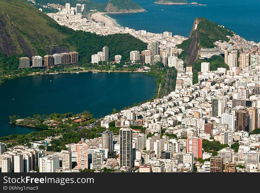 Aerial View of Rio de Janeiro Copacabana and Ipanema District from the Mountain.