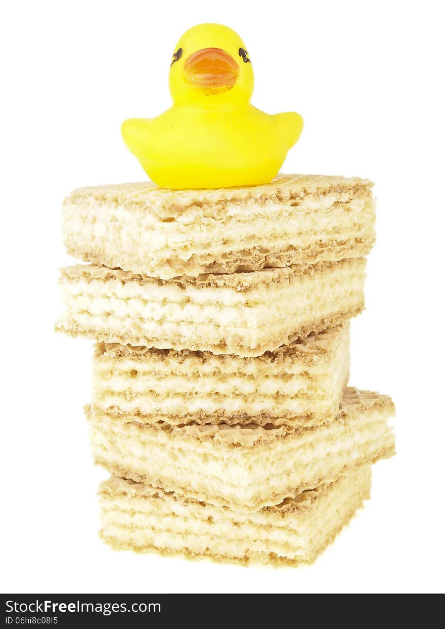 Small duck on tower stack wafer on white background. Small duck on tower stack wafer on white background