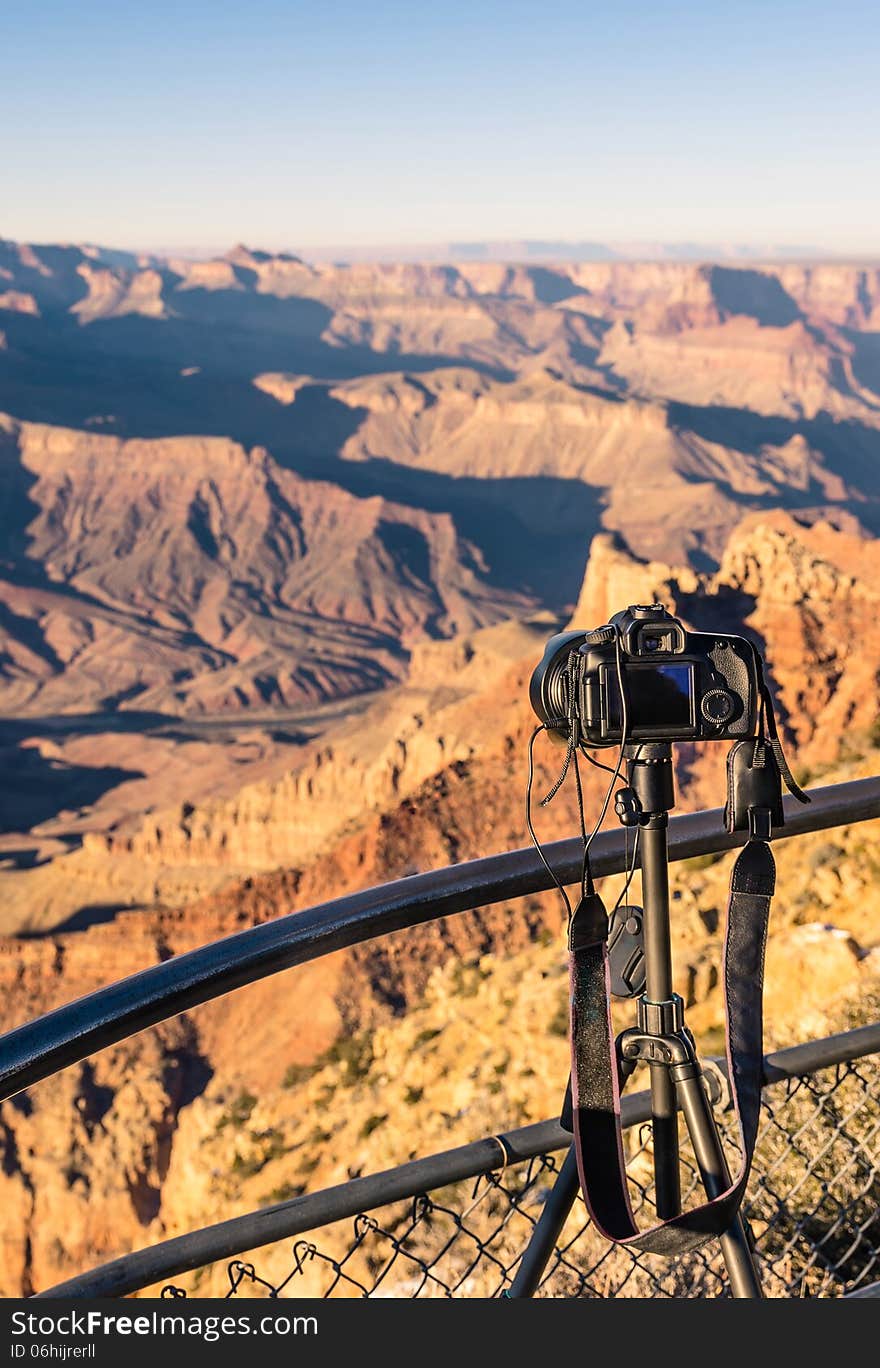 Professional photocamera set up for Sunset at Grand Canyon, Arizona. Professional photocamera set up for Sunset at Grand Canyon, Arizona.