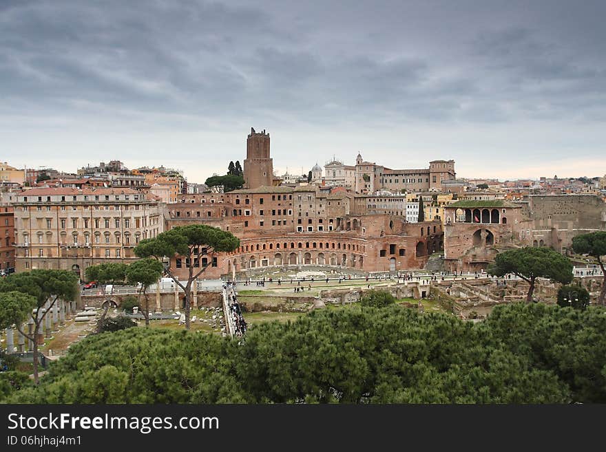 View over ancient Rome, Trajan Forum, with a cloudy sky. View over ancient Rome, Trajan Forum, with a cloudy sky