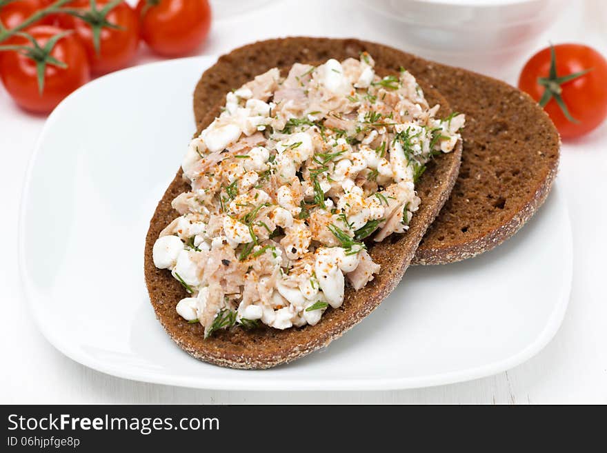 Rye bread with tuna, homemade cheese and dill, close-up