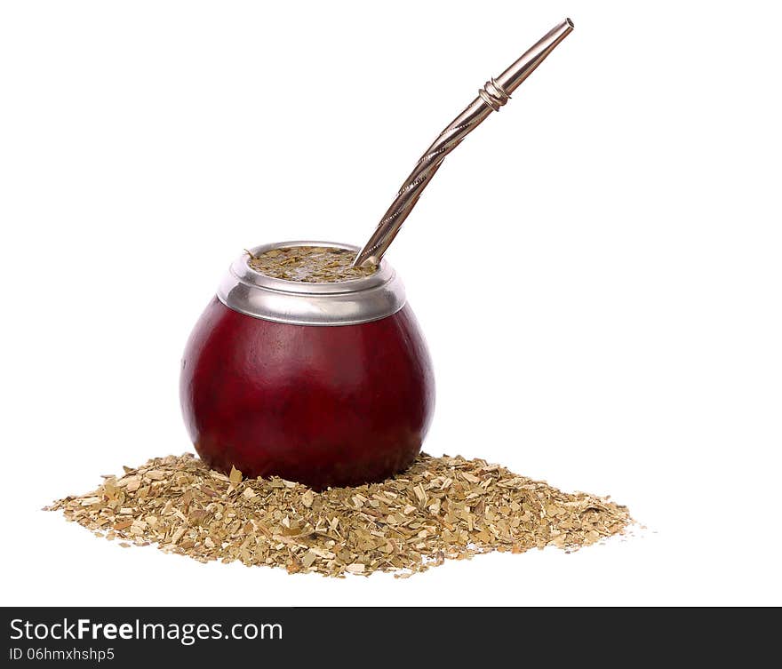 Yerba mate and mate in calabash isolated on white background