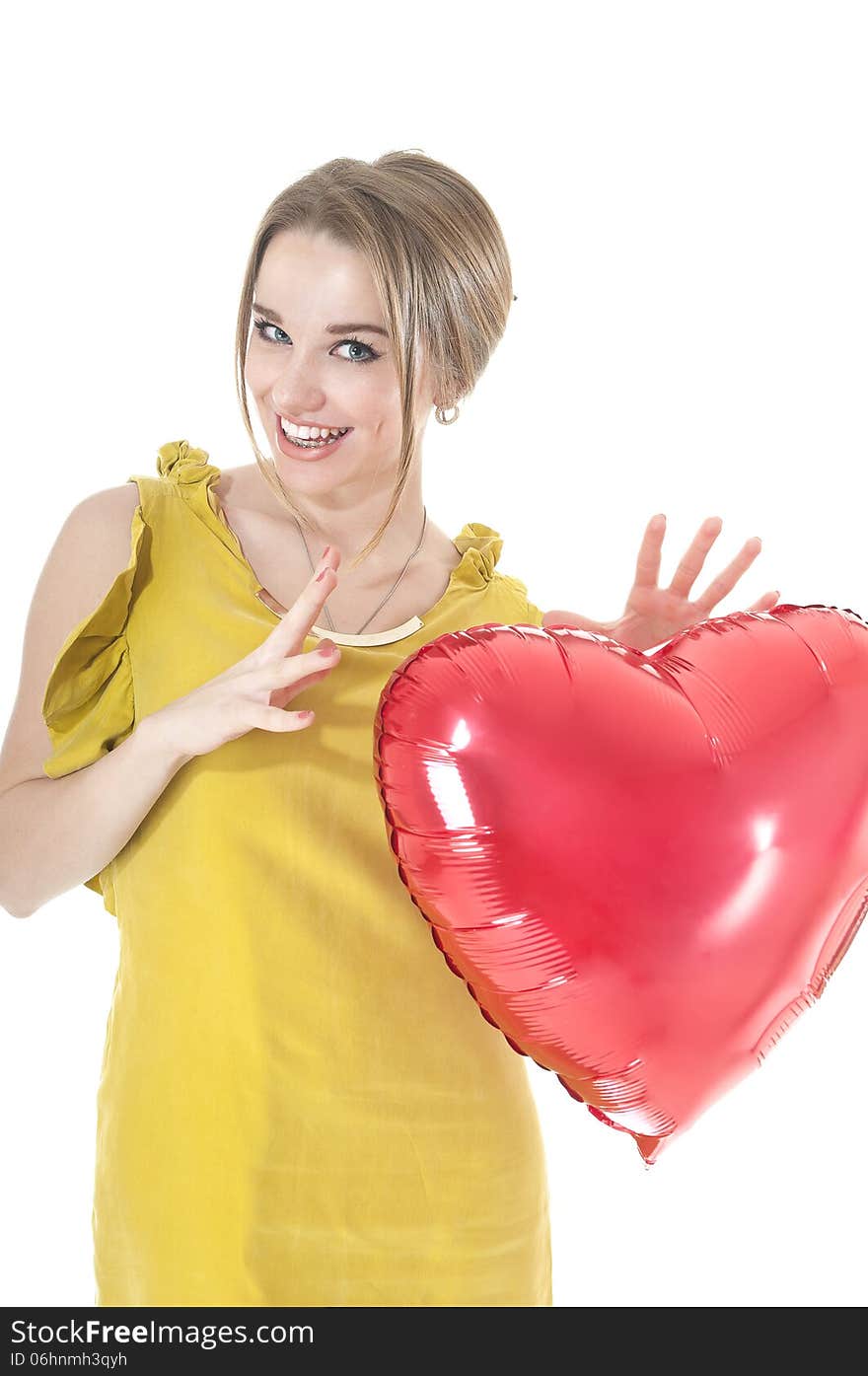 Funny Woman Holding Red Heart Balloon.