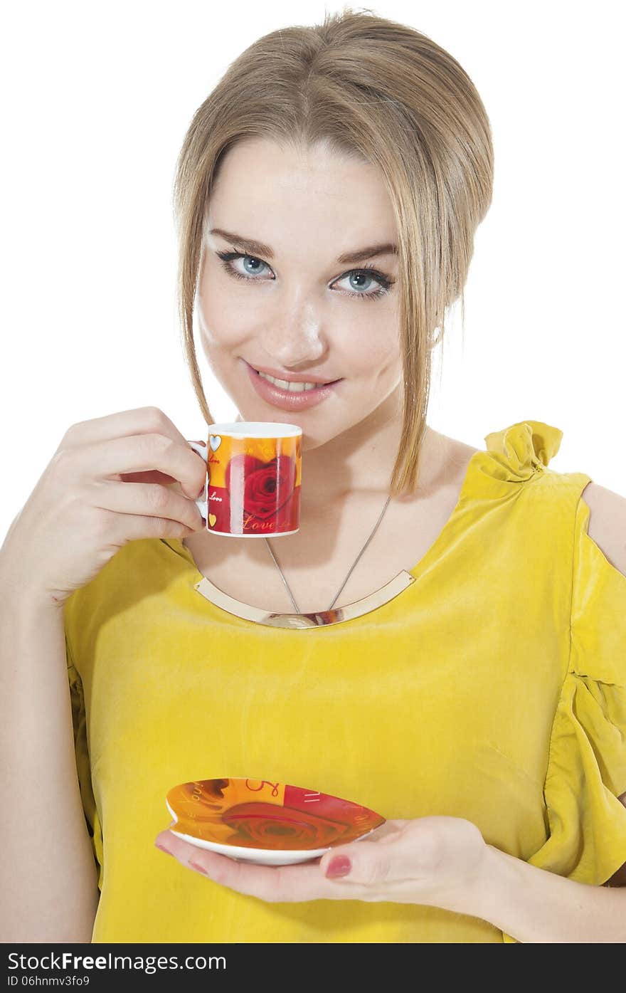 Dreamy woman with cup of coffee on a plate, isolated on white background.