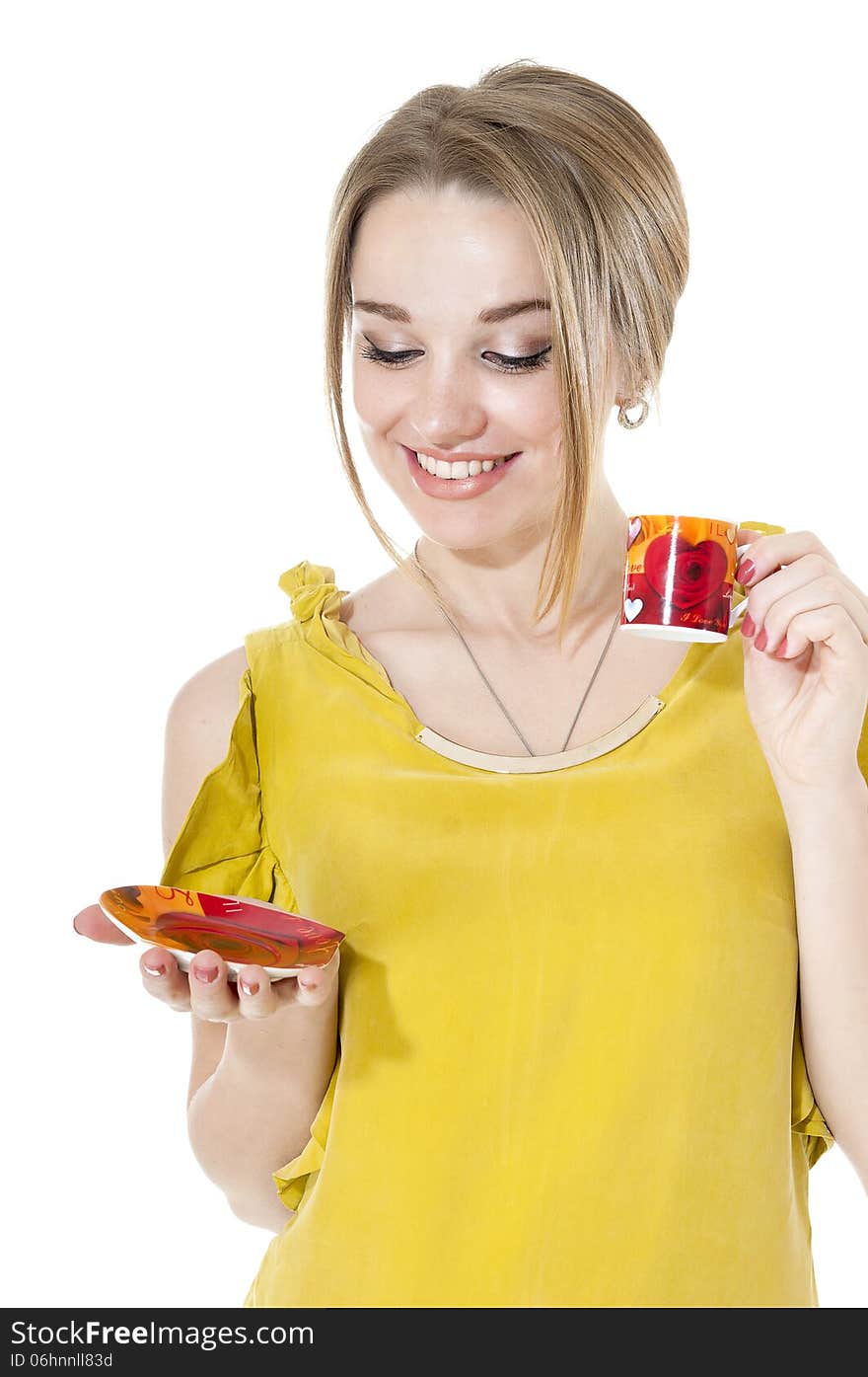 Smiling woman with cup of coffee on a plate, isolated on white background.