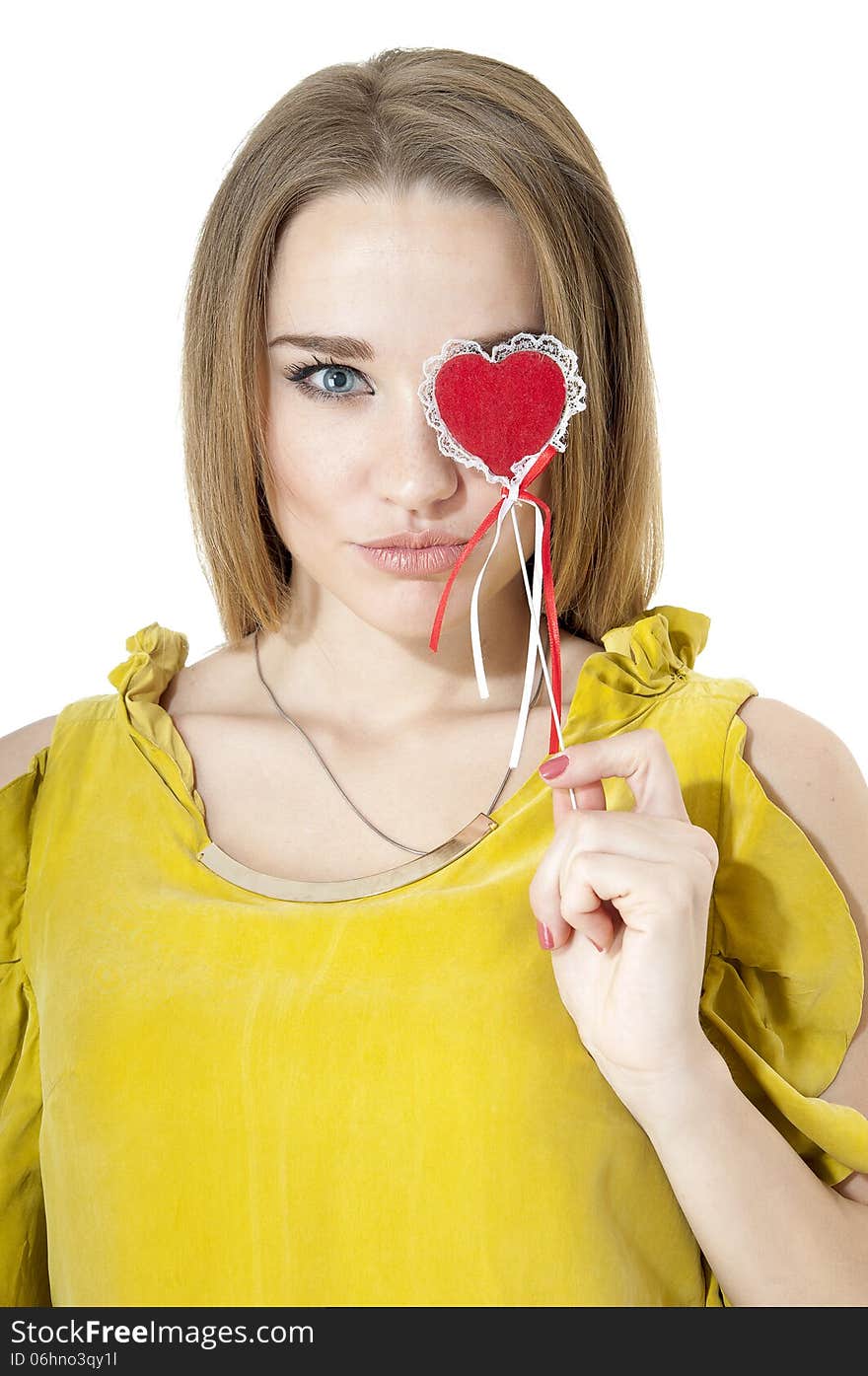 Portrait of beautiful woman with red heart. Valentines day concepts.