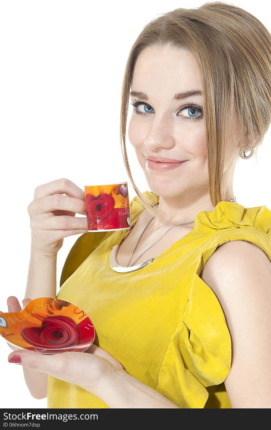 Dreamy woman with cup of coffee on a plate, isolated on white background.