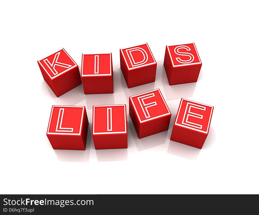 3d illustration of red letter blocks spelling word kids life, isolated on white background. 3d illustration of red letter blocks spelling word kids life, isolated on white background