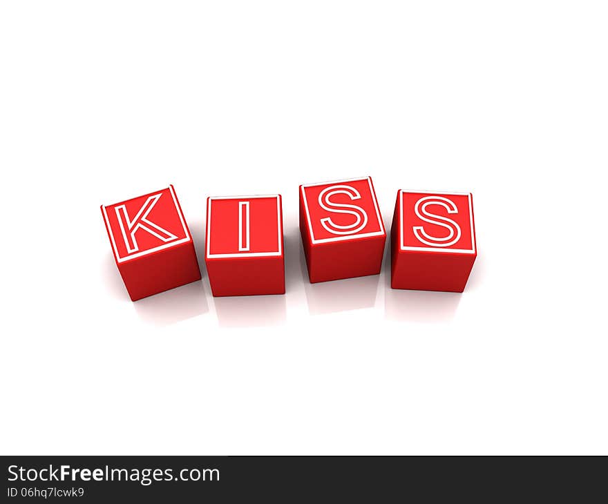 3d illustration of red letter blocks spelling word kiss, isolated on white background. 3d illustration of red letter blocks spelling word kiss, isolated on white background