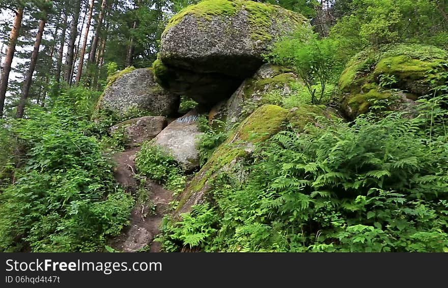 Panorama large rocks on the hillside. Altai Krai.