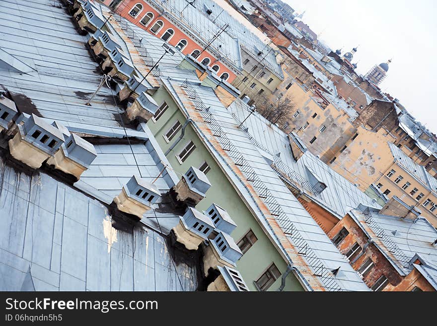 View from above at roofs in the city. St. Petersburg, Russia. View from above at roofs in the city. St. Petersburg, Russia