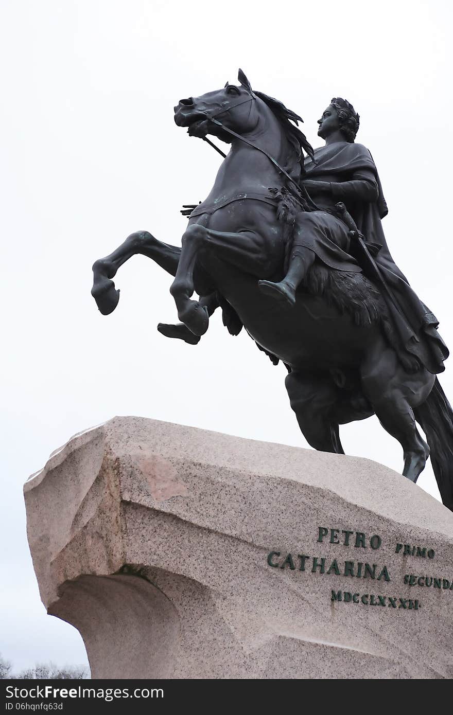 Peter The Great on horse statue closeup on white background. St Petersburg, Russia