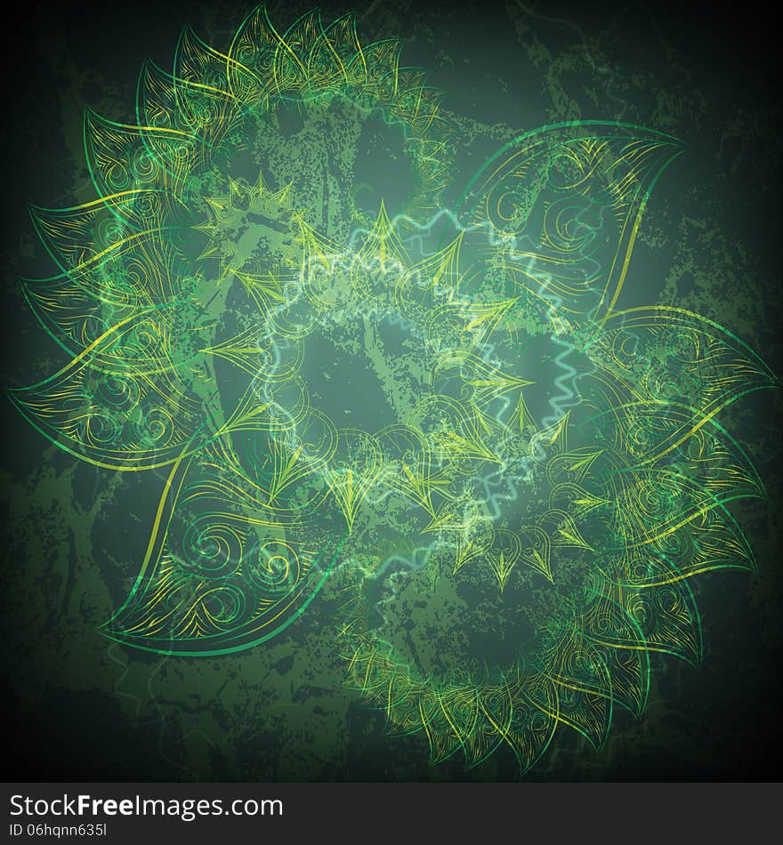 The green swirls against dark green grunge background